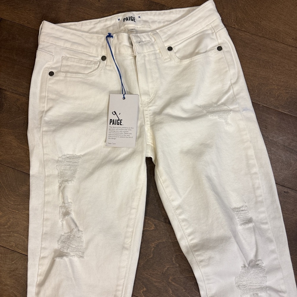 PAIGE Women's Cream Distressed Boyfriend Jeans